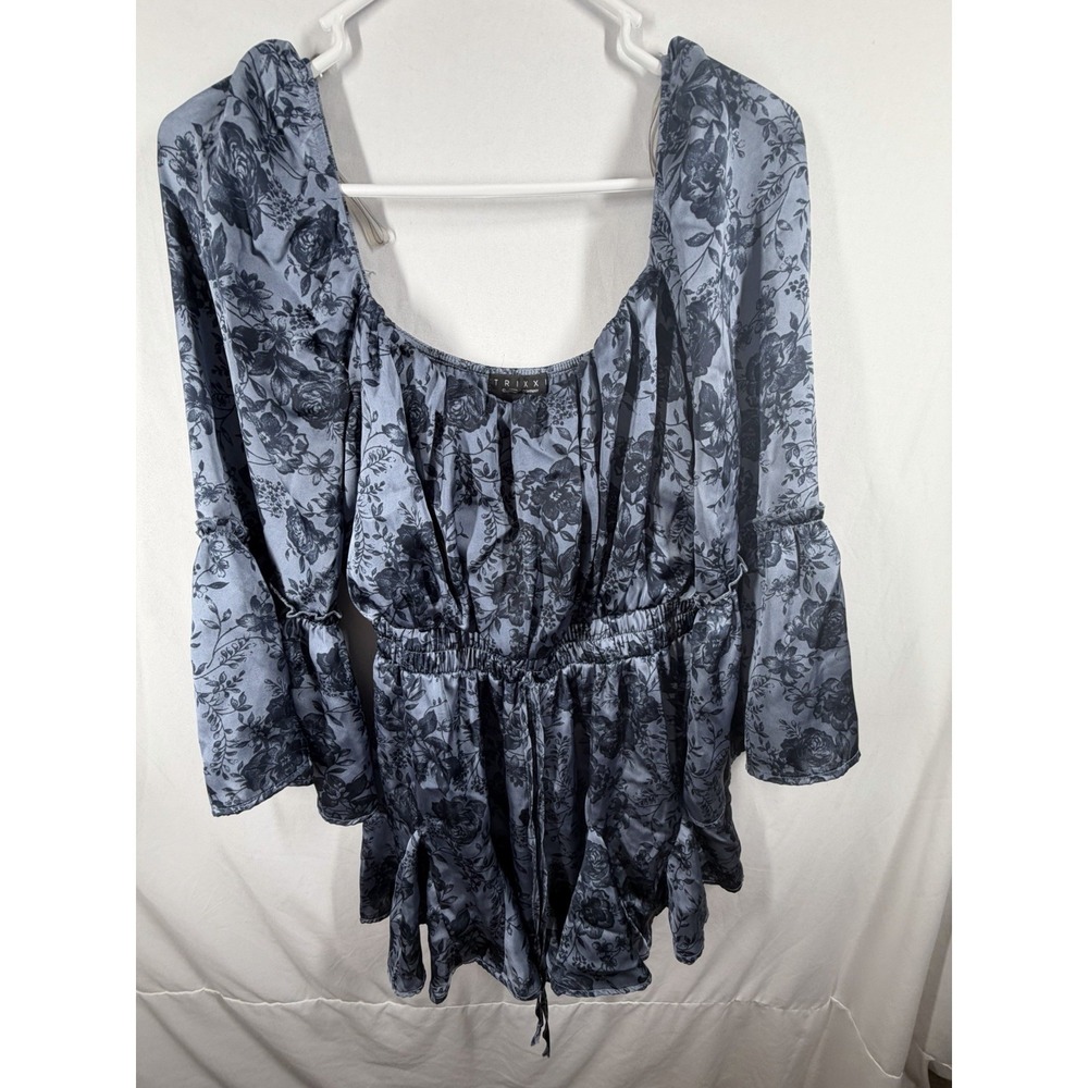 Trixxi Floral Romper Blue Black Satin Long Bell Sleeve Smocked Waist Boho Size S
